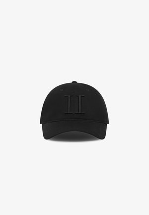 Black cap made of fabric with a curved brim. Features a raised "II" logo in the center of the front panel. Simple, smooth texture.