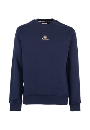 Donkerblauwe sweatshirt van zacht materiaal, met een ronde hals en geribbelde manchetten, voorzien van een gouden logo op de borst en een geblokte voering.