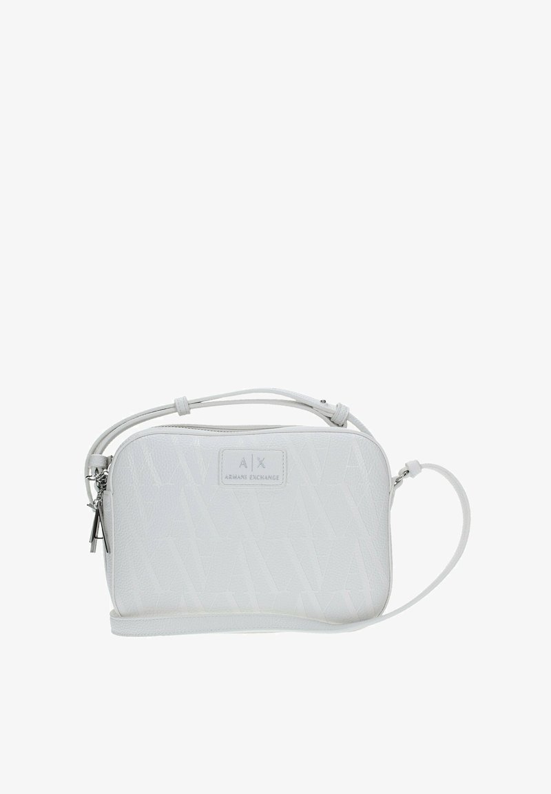 Borsa a tracolla bianca realizzata in ecopelle testurizzata, con motivo geometrico, tracolla regolabile e accessori in tonalità argento.