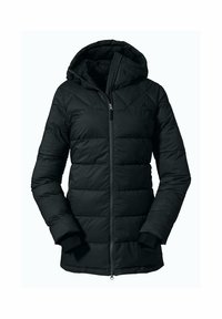 Svart puffjacka med dragkedja framtill, huva, ribbad ärmavslut och quiltat mönster med horisontella och diagonala sömmar.