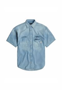 Ljusblå kortärmad jeansskjorta med knäppning framtill, två bröstfickor och spetsig krage. Något blekt struktur.