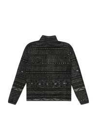 Fleecejacka med hög krage, med ett geometriskt mönster i svarta och grå toner, slät textur och långa ärmar.