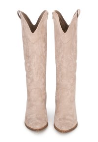 Botas de cowboy de ante beige con punta afilada, costuras decorativas y un corte en forma de V en la parte superior, que cuentan con una cremallera en el lateral.