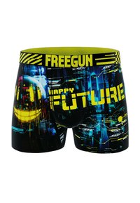 Boxer shorts noirs avec un design graphique aux accents jaune et bleu, affichant un smiley futuriste et le texte "HAPPY FUTURE."