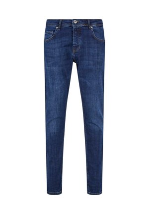 Dunkelblaue Denim-Jeans im Slim-Fit, mit fünf Taschen, einem Knopfverschluss und subtiler Ausbleichung, aus einem glatten, robusten Stoff gefertigt.