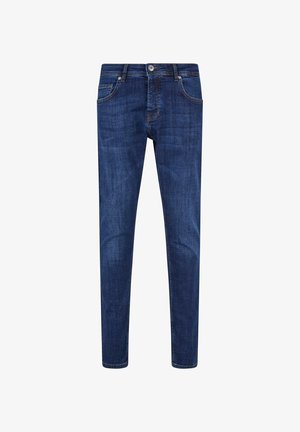 Vaqueros de mezclilla azul oscuro con corte slim, con cinco bolsillos, cierre de botón y un ligero desgaste, confeccionados con una tela suave y resistente.