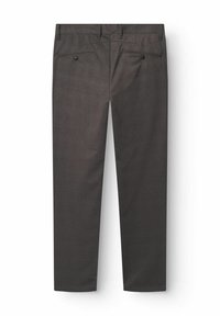 Pantaloni su misura grigio scuro con un sottile motivo a quadri, tasche anteriori e due tasche posteriori con bottoni. Tessuto con una texture liscia.