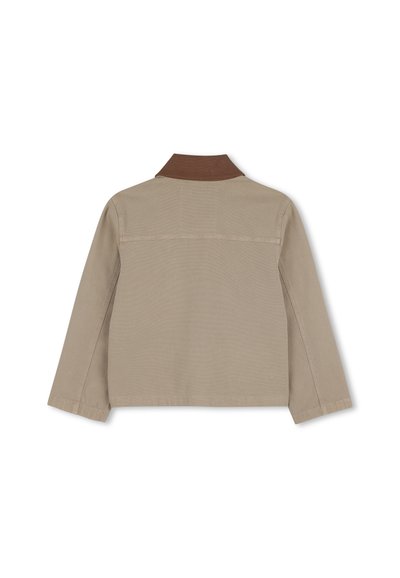 Giacca beige a maniche lunghe con colletto marrone, vista posteriore su sfondo bianco.