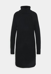 Abito maglione nero a maglia con alta scollatura a collo alto, polsini a coste e tessuto testurizzato, caratterizzato da una silhouette dritta e maniche lunghe.