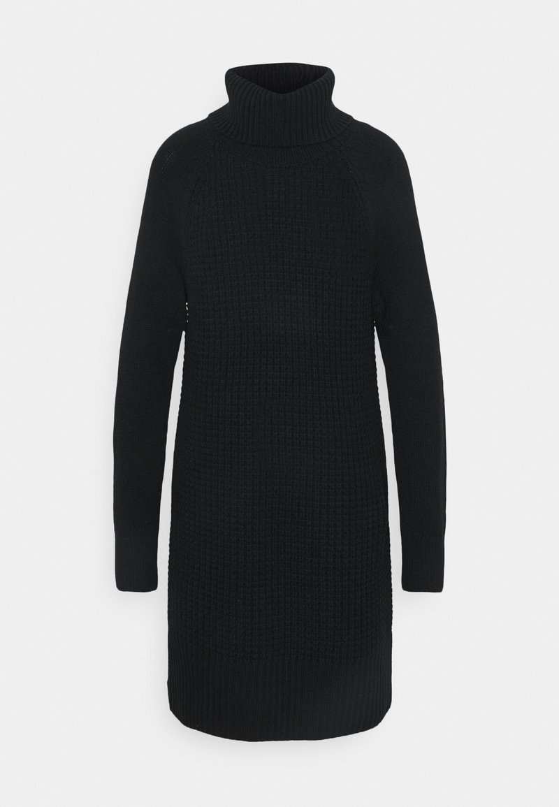 Abito maglione nero a maglia con alta scollatura a collo alto, polsini a coste e tessuto testurizzato, caratterizzato da una silhouette dritta e maniche lunghe.
