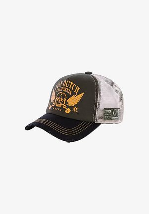 Dark baseball cap with black bill and white mesh back, featuring yellow skull, wings, and "Von Dutch California MC" text.