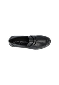 Black leather slip-on shoe with a smooth texture, featuring a decorative strap across the upper. "paul green" logo printed inside.