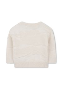 Maglione cropped beige chiaro con un motivo ondulato e testurizzato, scollo rotondo e maniche corte. Realizzato in un materiale morbido e lavorato a maglia.