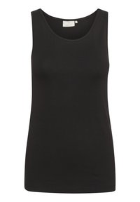 D�ébardeur noir en tissu lisse et extensible. Présente un col rond et une conception sans manches. Pas de motifs ni de matériel notable.