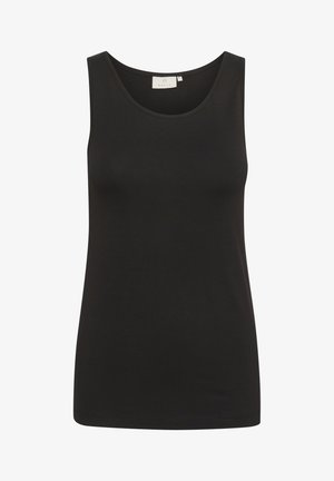 Musta hihaton toppi, joka on valmistettu sileästä ja joustavasta kankaasta. Ominaisuuksiin kuuluu pyöreä kaula-aukko ja hihaton muotoilu. Ei merkittäviä kuvioita tai varusteita.