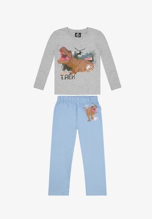 Une chemise grise à manches longues avec un graphisme de T. rex et un design d'hélicoptère. Un pantalon bleu clair avec une taille élastique et un accent de T. rex.