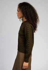 Cardigan en tricot vert foncé avec un motif en zigzag, manches côtelées et col rond, associé à un pantalon taille haute marron clair.