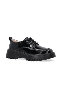 Schwarze lackierte Schnürschuhe mit einer robusten Gummisohle, glatter Textur und einer Lasche an der Rückseite für ein einfaches Anziehen. Verfügt über dekorative Nähte.