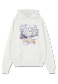 Weißer Hoodie mit einer Fronttasche, ausgestattet mit einer blau-grauen Wolf-Illustration vor einer verschneiten Landschaft, mit dem Text "Piglador" darüber.