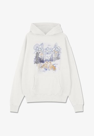 Hvit hettegenser med frontlomme, med en blå og grå ulv illustrert mot et snødekt landskap, med "Piglador" tekst over.