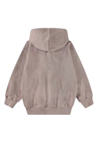 Φλις φόρμα σε παλ ροζ χρώμα με μεγάλη κουκούλα, σανίδες και στρίφωμα με ριμπ, και άνετη εφαρμογή. Απαλή υφή με απλό σχέδιο.