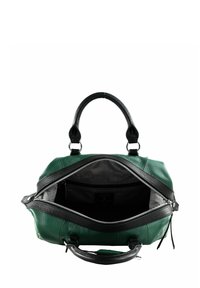 Sac à main en cuir vert avec des accents noirs, au design structuré, à double poignées et à ouverture zippée révélant une doublure intérieure rayée.