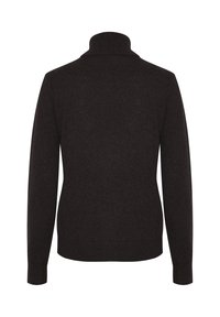 Pull en turtleneck marron foncé à manches longues avec des bords côtelés, vu de dos sur un fond blanc.