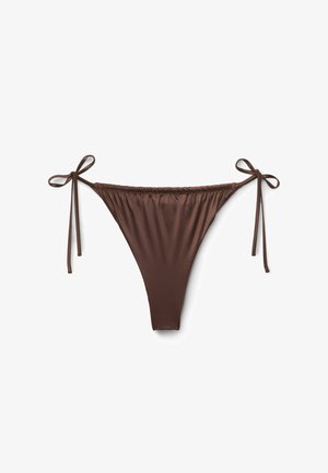 Brown satin bikini bottom with high-cut leg and side tie strings on a white background.