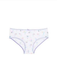 Katoenen ondergoed in bikini-stijl met een witte basis, kleurrijke dansprint en lavendelkleurige rand. Voorzien van een klein strikje aan de voorkant.