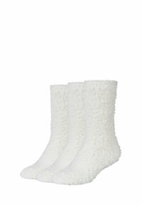 Drei Paar plüschige, weiße, flauschige Socken mit softem Material, bis zur Mitte der Waden, glattem Zehennähte und einem schlichten Design.