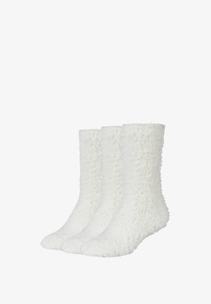 Drei Paar plüschige, weiße, flauschige Socken mit softem Material, bis zur Mitte der Waden, glattem Zehennähte und einem schlichten Design.
