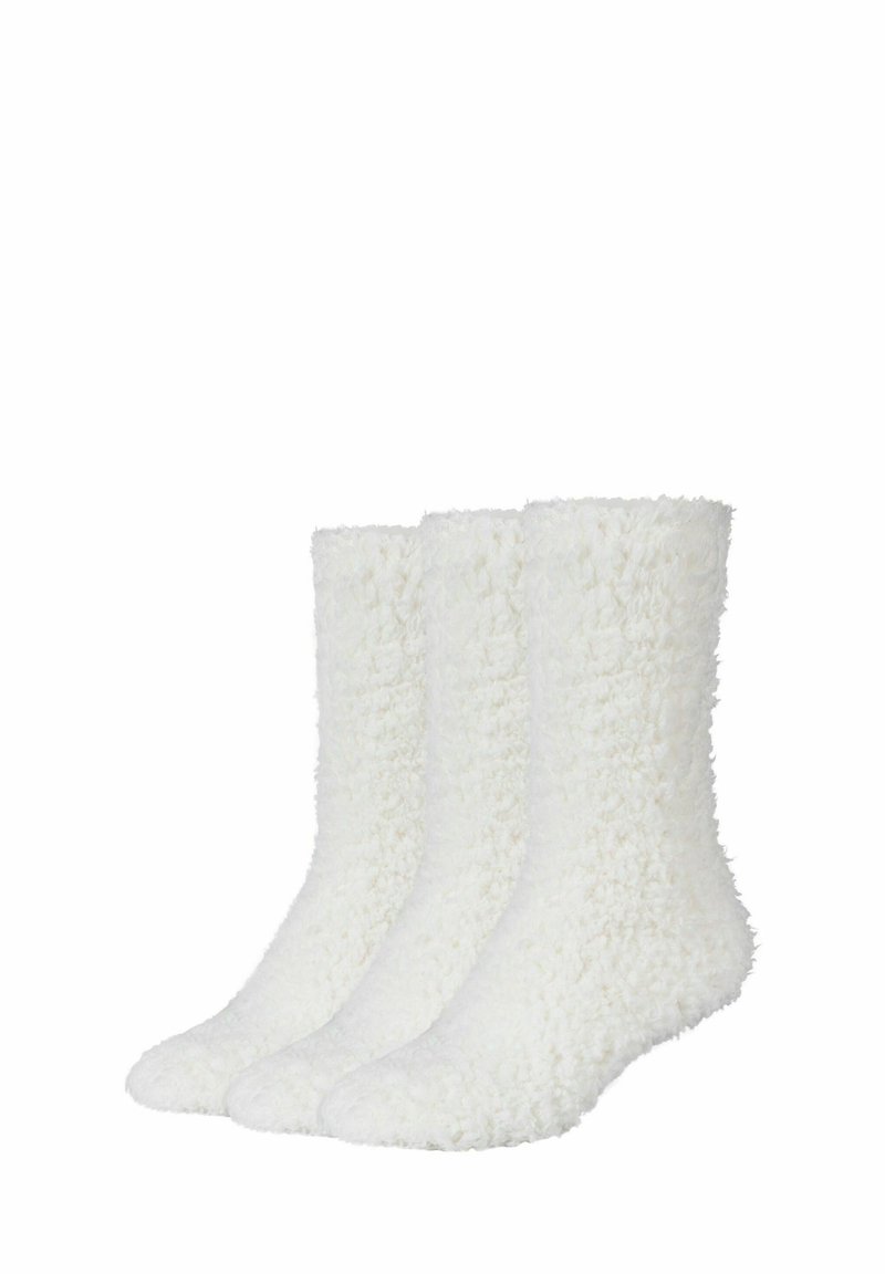 Drei Paar plüschige, weiße, flauschige Socken mit softem Material, bis zur Mitte der Waden, glattem Zehennähte und einem schlichten Design.