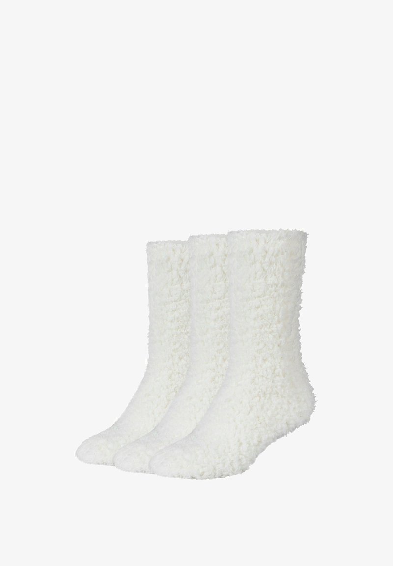 Drei Paar plüschige, weiße, flauschige Socken mit softem Material, bis zur Mitte der Waden, glattem Zehennähte und einem schlichten Design.