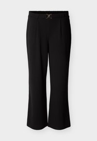 Μαύρο παντελόνι με χαλαρή εφαρμογή, με επίπεδη μέση και λεπτομέρεια σε χρυσό τόνο στο μπροστινό μέρος. Λείο ύφασμα με πιέτες.