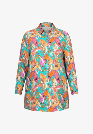 Long-sleeve button-up shirt with vibrant turquoise background and orange, pink, white paisley floral pattern.