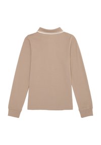 Pitkähihainen beige polo-paita, jossa on ribattu kaulus ja valkoiset korostevanerot. Pehmeää puuvillamateriaalia, jossa on sileä pinta ilman näkyviä kuvioita.