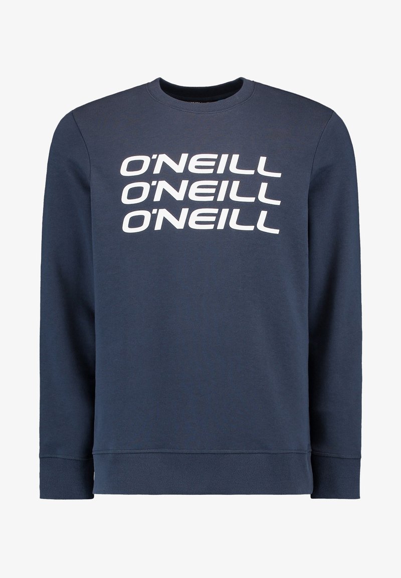 Sweat-shirt bleu marine col rond avec texte blanc "O'NEILL" répété trois fois sur la poitrine en lettres majuscules et grasses.