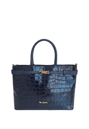 Borsa blu scuro con texture effetto coccodrillo, due manici, chiusura a girare dorata e piccolo logo dorato al centro in basso.