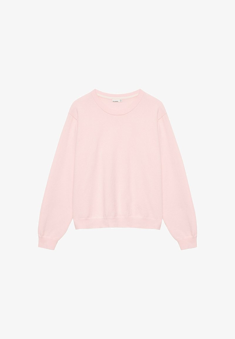 Sweat-shirt rose clair à manches longues et col rond avec poignets et ourlet côtelés, présenté à plat sur fond blanc.