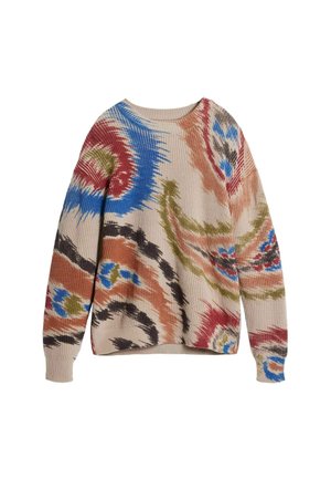 Beige knit sweater with long sleeves, featuring abstract colorful patterns in red, blue, green, black, and orange.