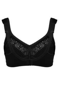 Svart bh med ett spetspanel på framsidan, breda justerbara band och en hake-och-öga stängning bak. Mjuk tygkvalitet.