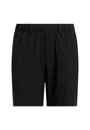 Black shorts made of lightweight fabric, featuring an elastic waistband, side pockets, and a simple design without patterns or embellishments.