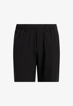 Czarne szorty wykonane z lekkiego materiału, z elastycznym paskiem w talii, kieszeniami po bokach i prostym wzornictwem bez wzorów czy ozdób.