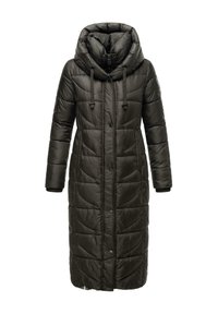 Long, dark green puffer coat with a high collar, zip front, elastic cuffs, side pockets, and quilted texture. Features adjustable hood drawstrings.
