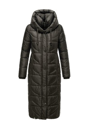 Lange, donkergroene pufferjas met hoge kraag, ritssluiting aan de voorkant, elastische manchetten, zijzakken en gewatteerde textuur. Heeft verstelbare koordjes voor de capuchon.
