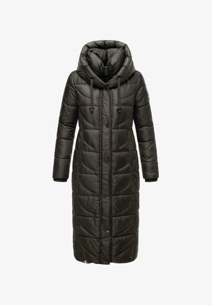 Długi, ciemnozielony kurtka puchowa z wysokim kołnierzem, zamek z przodu, elastyczne mankiety, boczne kieszenie i pikowana tekstura. Posiada regulowane sznurki w kapturze.