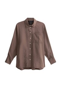 Bruine overhemd met knopen van textuurstof, met een kraag, lange mouwen en een borstzak. Kleine, ronde knopen door het hele shirt.
