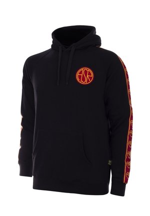 Zwarte hoodie met rood-gele gestreepte accenten langs de mouwen, met een cirkelvormig ASR-logo op de borst en een kangaroozak.