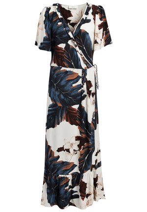 Maxi sukienka w stylu kopertowym z krótkimi bufkami, tropikalny wzór liści i kwiatów w odcieniach niebieskiego, brązowego i białego, pasek do wiązania w talii.