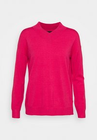 Maglione rosa brillante con scollo a V, maniche lunghe e vestibilità comoda. Texture lavorata a maglia, design minimalista, senza decorazioni, superficie liscia.